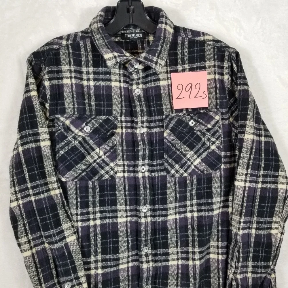 True Religion Mens Plaid Flannel Shirt‎ Purple Black Logo Graphic Small S
